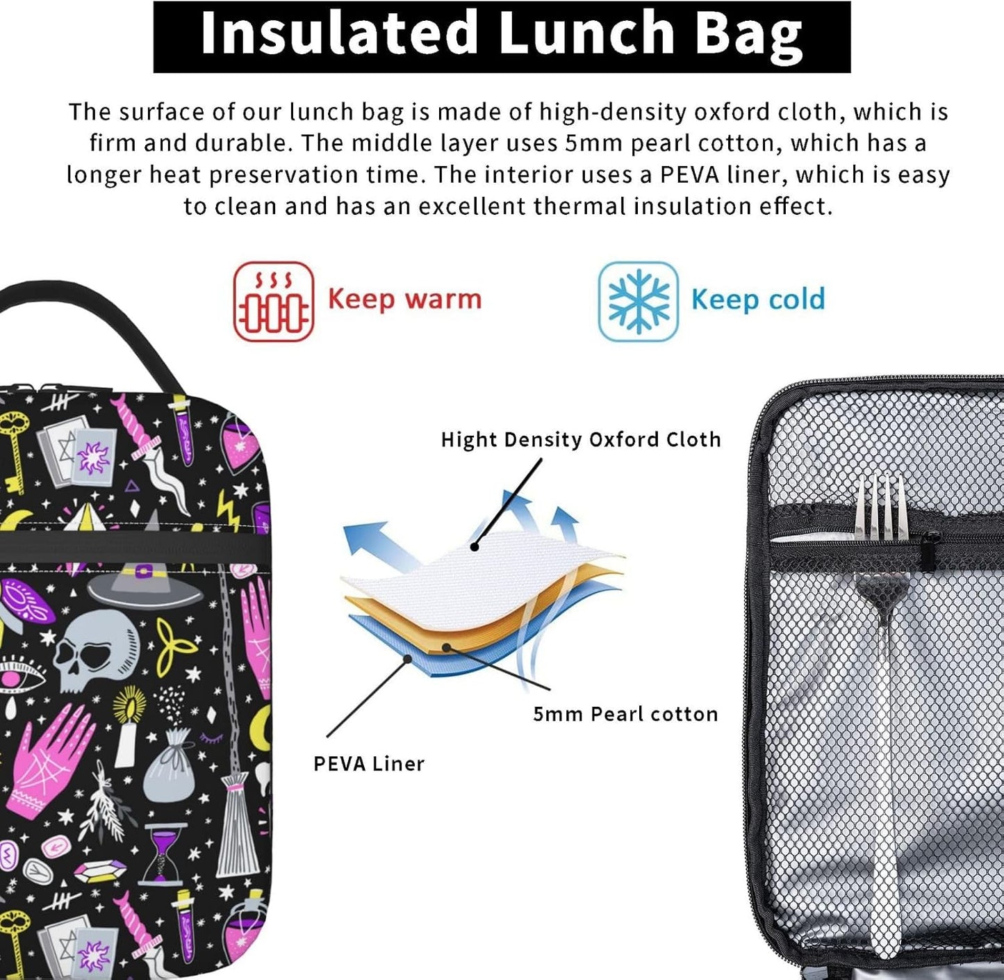 Black Cat Reusable Lunch Box Food Bag Insulated Lunch Bag for Teenage Boys Girls School Beach