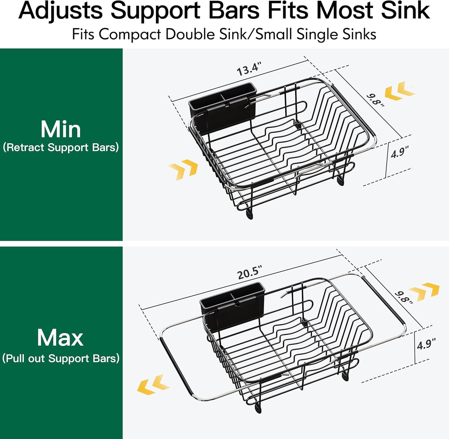 JASIWAY Dish Drying Rack in Sink, Expandable Stainless Steel Dish Drainers for Kitchen Counter, Dish Dryer Rack for Inside Sink, Over The Sink Dish Racks with Utensil Holder, Silver