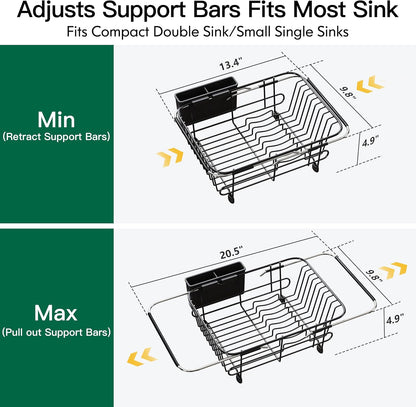 JASIWAY Dish Drying Rack in Sink, Expandable Stainless Steel Dish Drainers for Kitchen Counter, Dish Dryer Rack for Inside Sink, Over The Sink Dish Racks with Utensil Holder, Silver