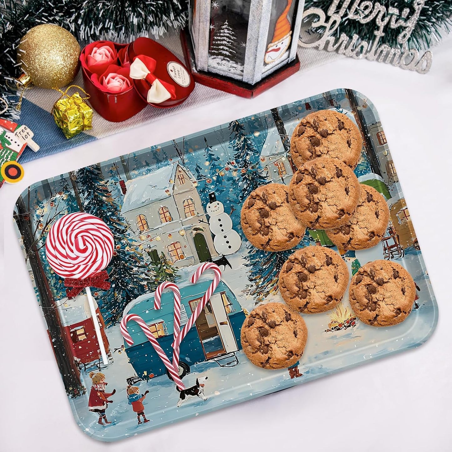 4 Pack Christmas Serving Trays, 15 x 11 Inch Melamine Holiday Platters with Winter Village, Ice Skating, and Camping Designs, Reusable Festive Trays for Snacks, Cookies, and Entertaining