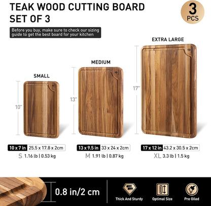 4 Pack Teak Wood Cutting Board Set for Kitchen Heavy Duty Non Toxic Non Slip Solid Thick Wood Haus Chopping Board Extra Large Big Small Meat Best Essential House Warming Hostess Host Gift