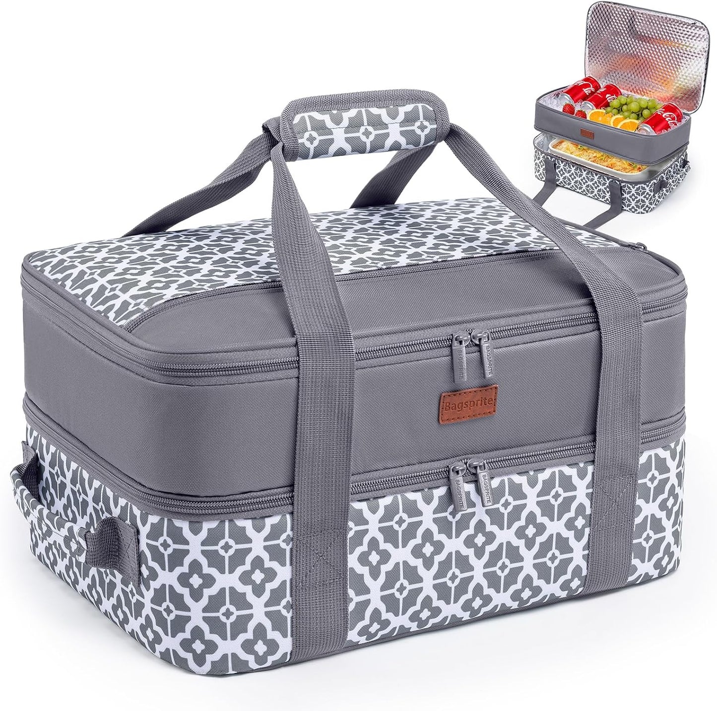 Double Layer Insulated Casserole Carrier, Fits 9" x 13" Baking Dish, Food Transport Carrier with Utensil Pocket for Hot & Cold Dishes, Reusable Potluck Tote for Thanksgiving, Parties&Family Gatherings