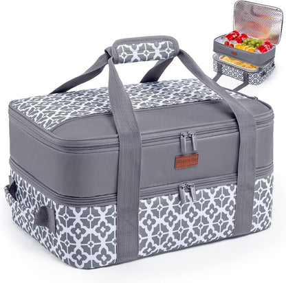 Double Layer Insulated Casserole Carrier, Fits 9" x 13" Baking Dish, Food Transport Carrier with Utensil Pocket for Hot & Cold Dishes, Reusable Potluck Tote for Thanksgiving, Parties&Family Gatherings