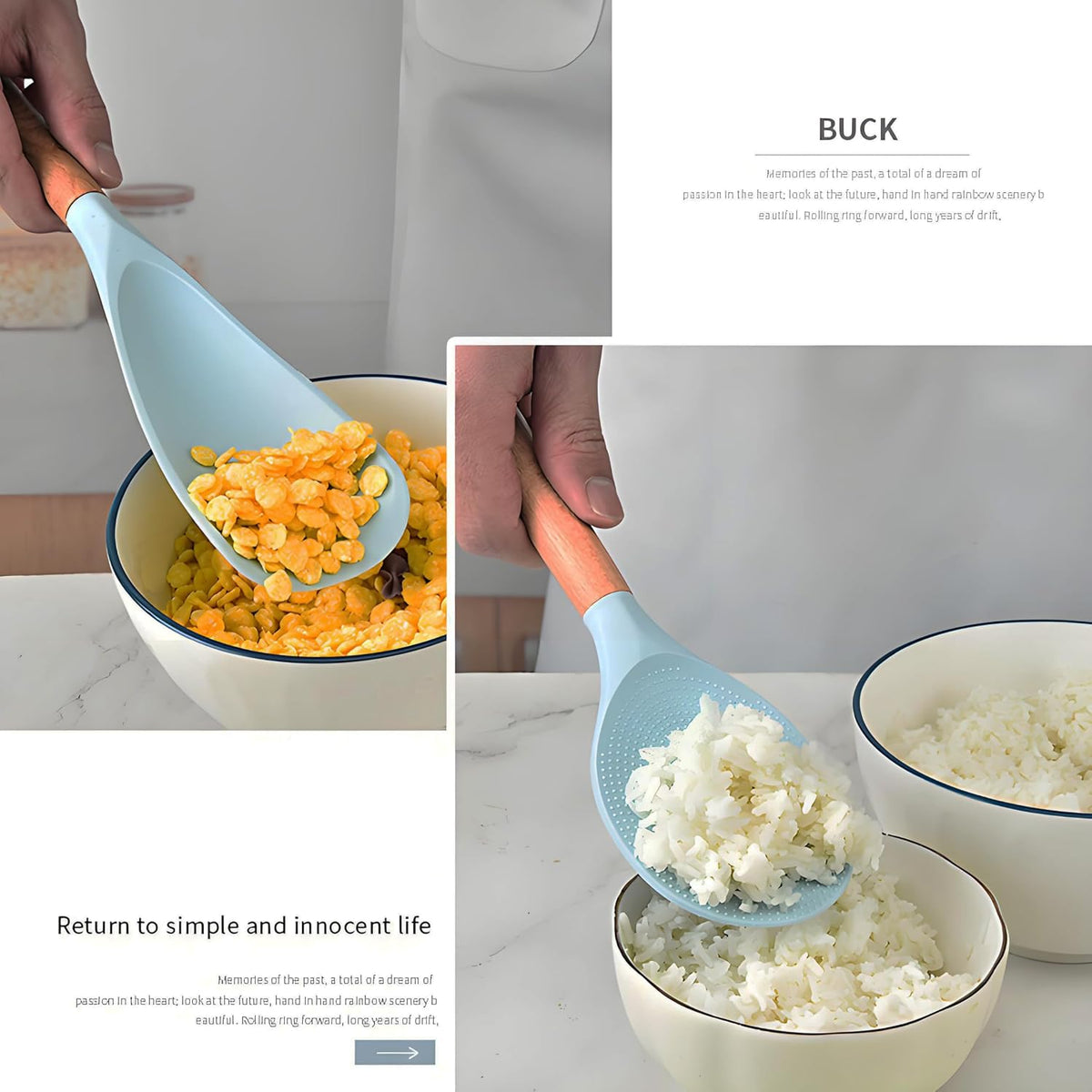 Silicone Spatula and Rice Spoon with Wooden Handle, Non-Stick, Heat Resistant, for Cooking, Mixing, Scooping (White, 9-inch rice spoon)