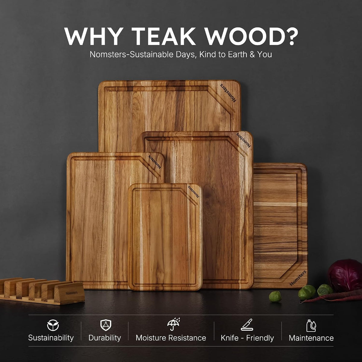 3 Pack Teak Wood Cutting Board Set for Kitchen Charcuterie Board Serving Heavy Duty Non Toxic Slip Hardwood Over Sink Solid Thick Haus Wooden Chopping Board Large Big Small Meat Best Essential Gift