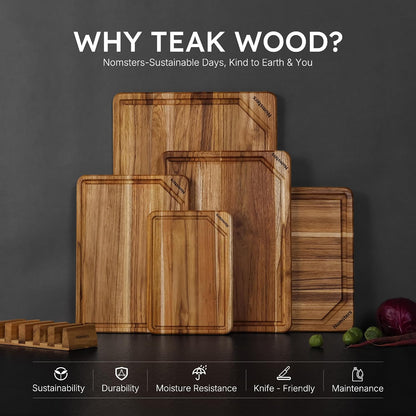 3 Pack Teak Wood Cutting Board Set for Kitchen Charcuterie Board Serving Heavy Duty Non Toxic Slip Hardwood Over Sink Solid Thick Haus Wooden Chopping Board Large Big Small Meat Best Essential Gift