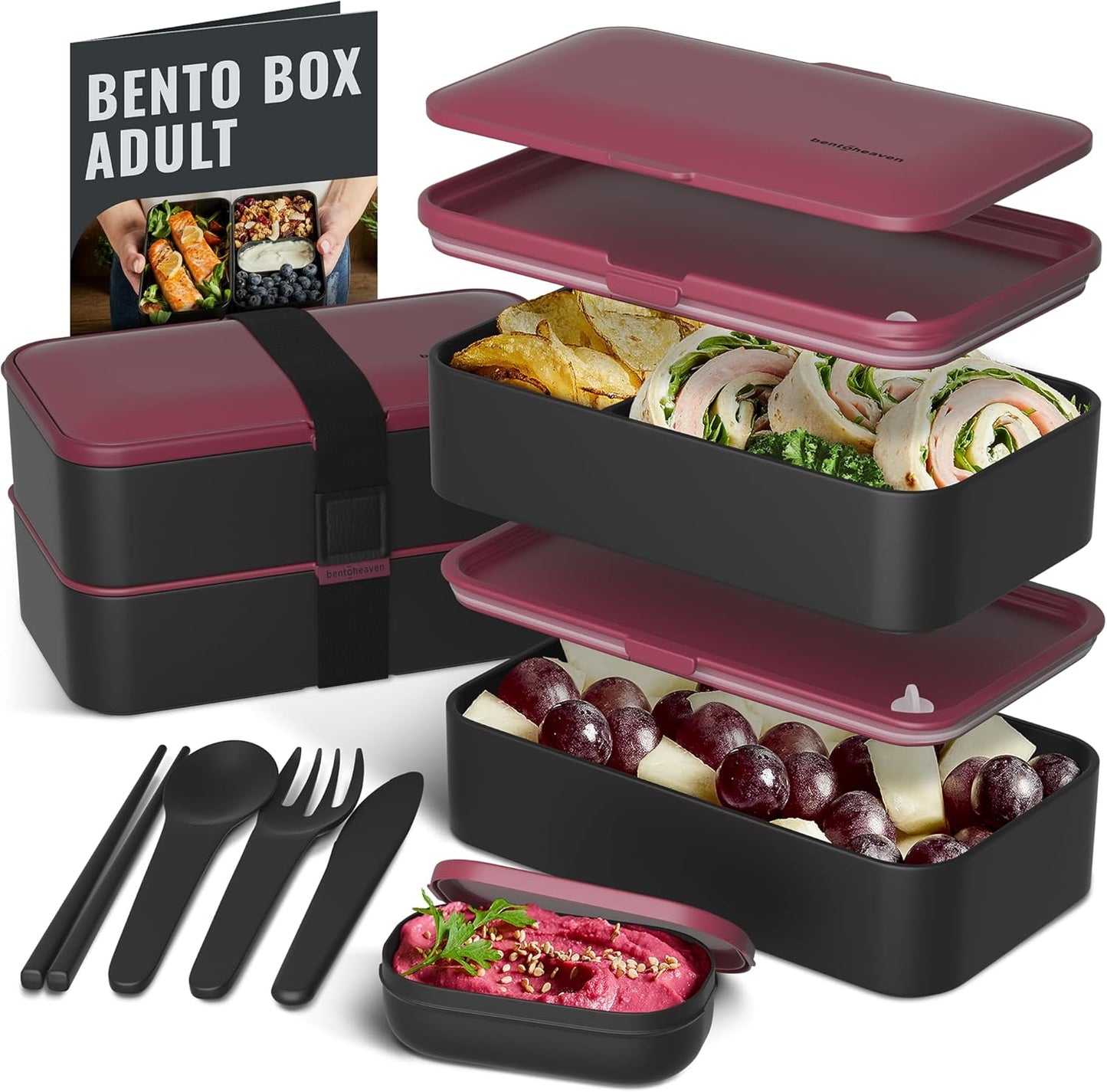 Bentoheaven Premium Bento Box Adult Lunch Box with Compartments for Women & Men, Set of Utensil & Chopsticks & Dip Container, Cute Japanese Kids Bento Lunch Box, Microwavable (Symph Onyx)