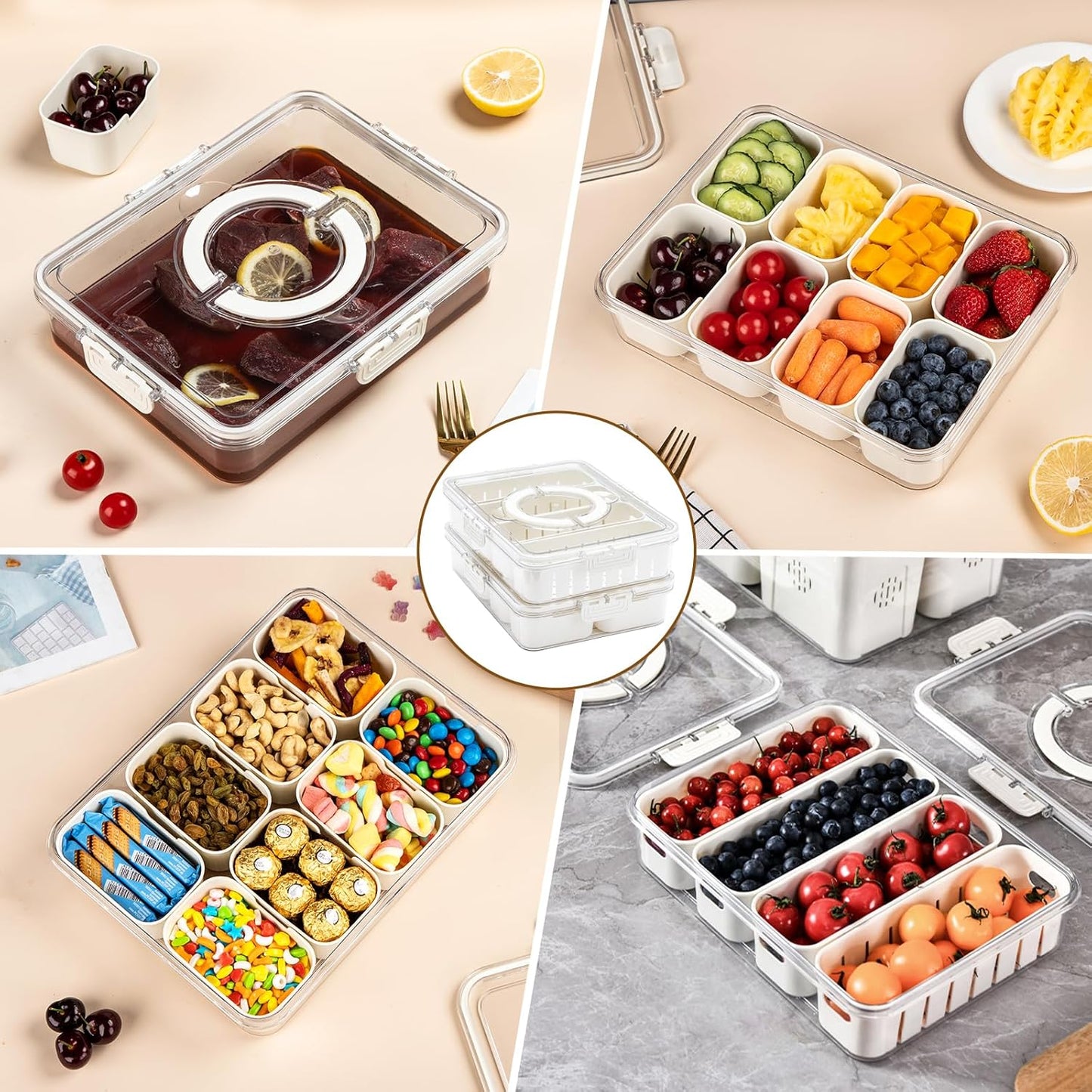 Snackle Box Container,2 Pack Divided Clear Snack Box Serving Tray with Lid and Handle,Charcuterie Board with Lid, Snack Organizer for Beach Picnic, Refrigerator Fresh, Party, Holidays and Travel