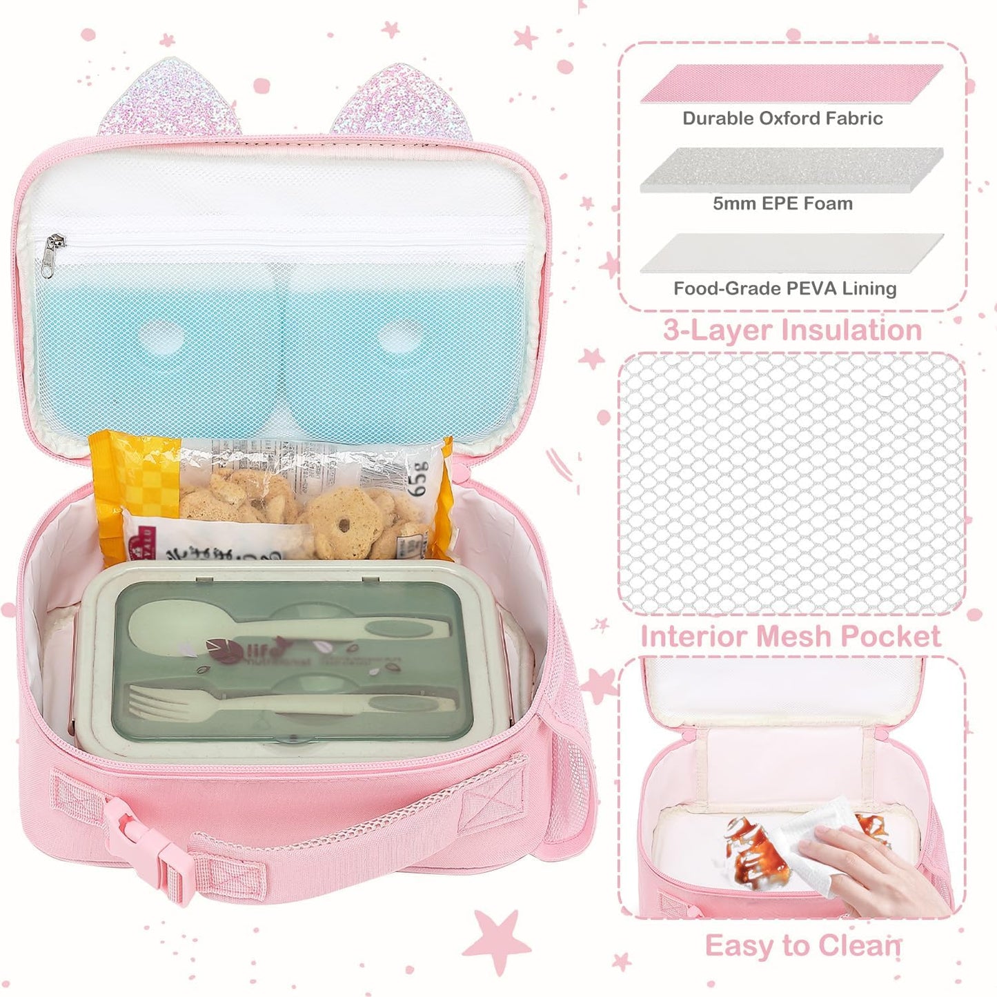 FlowFly Kids Lunch box Insulated Soft Bag Mini Cooler Back to School Thermal Meal Tote Kit for Girls, Boys, Black