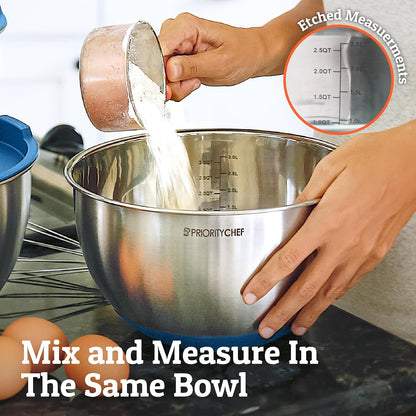 Priority Chef Premium Mixing Bowls With Lids Set, Airtight Lids, Thicker Stainless Steel, Non-Slip Base, 5 Nesting Steel Bowls for Kitchen, Large Prep Metal Bowl Set 1.5/2/3/4/5 Qt, Black