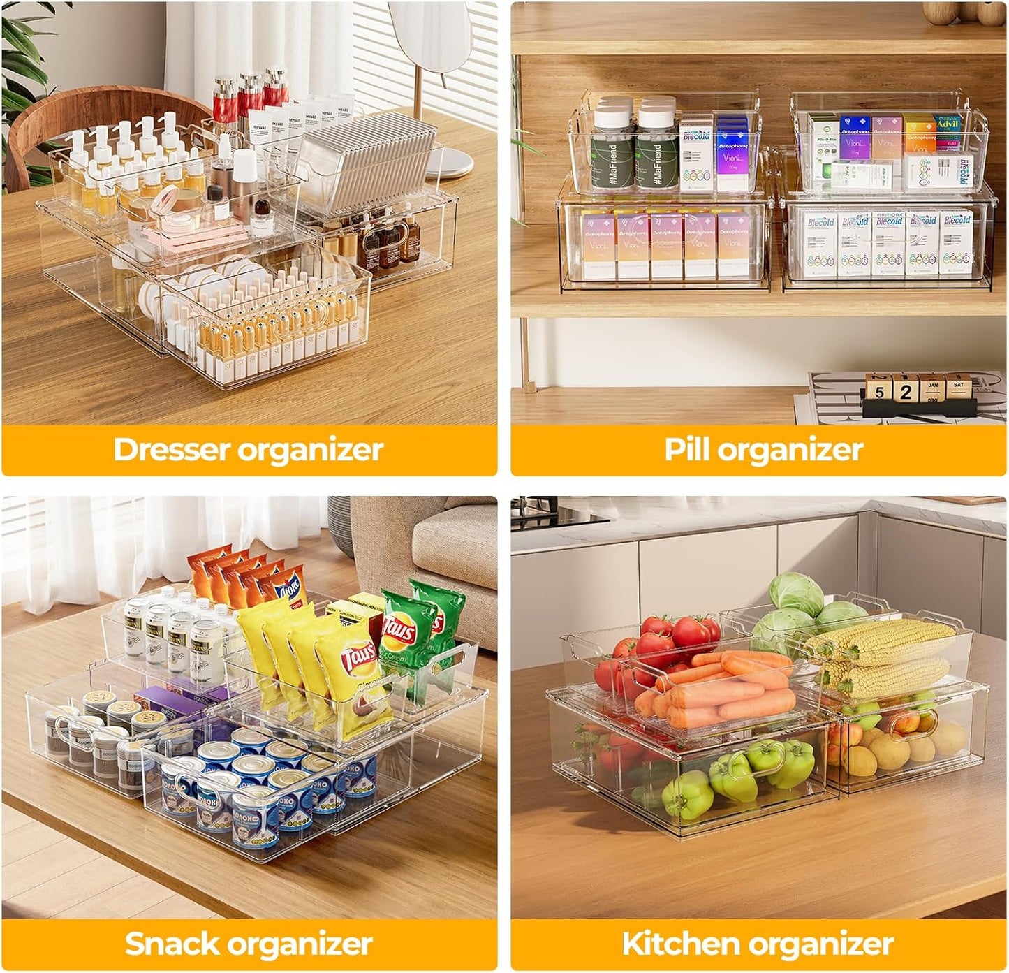 2 Pack Refrigerator Organizer Bins Stackable Fridge Organizer Set with Pull-out Drawer Clear Vegetable Fruit Storage Containers for Kitchen Pantry Organization
