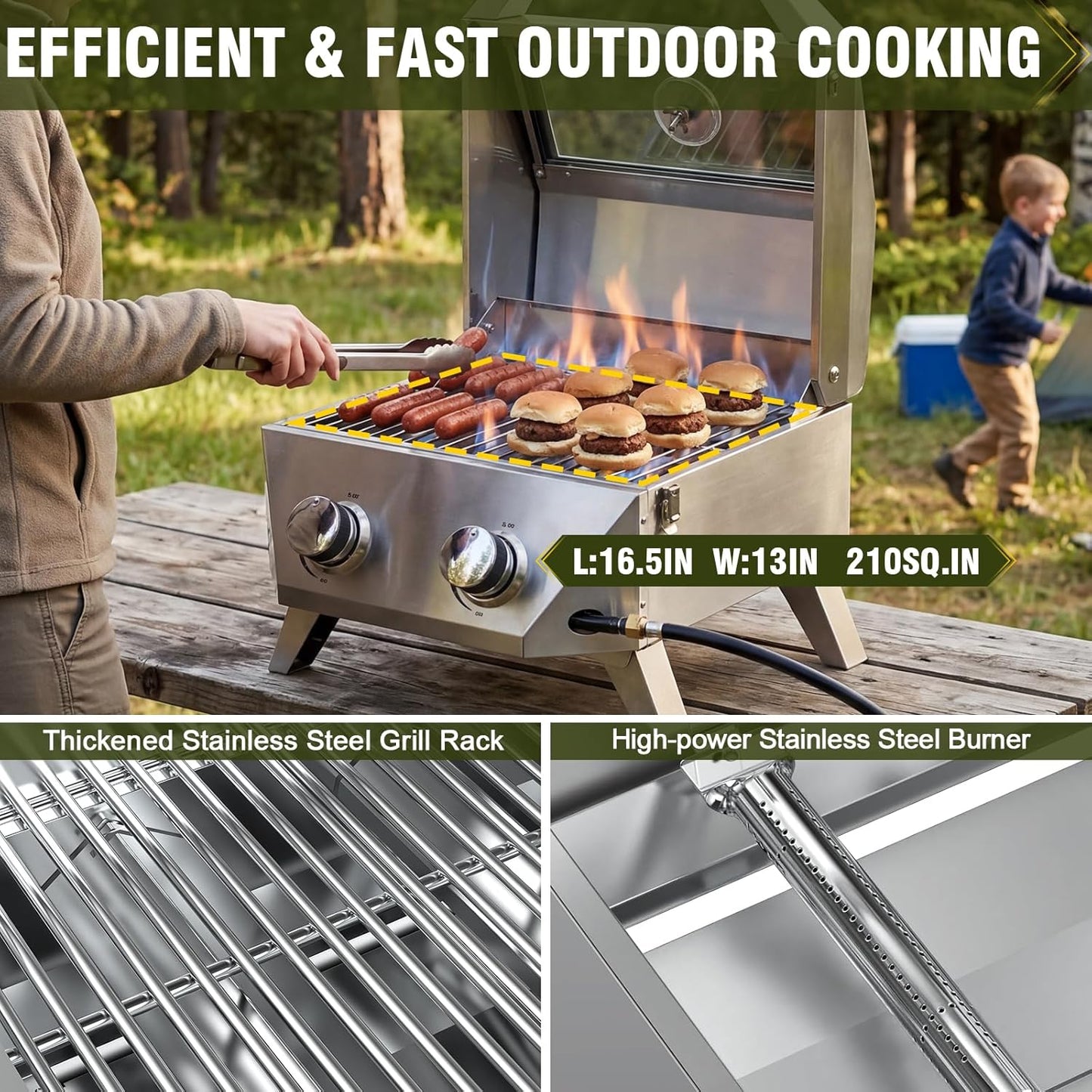 BESTFIRE 2-Burner Tabletop Propane Grill with Foldable Grill Cart, Portable Gas BBQ Station with Wheels & Prep Table, Dual-Fuel Setup for 1lb & 20lb Tanks, Stainless Steel Outdoor Kitchen for Camping