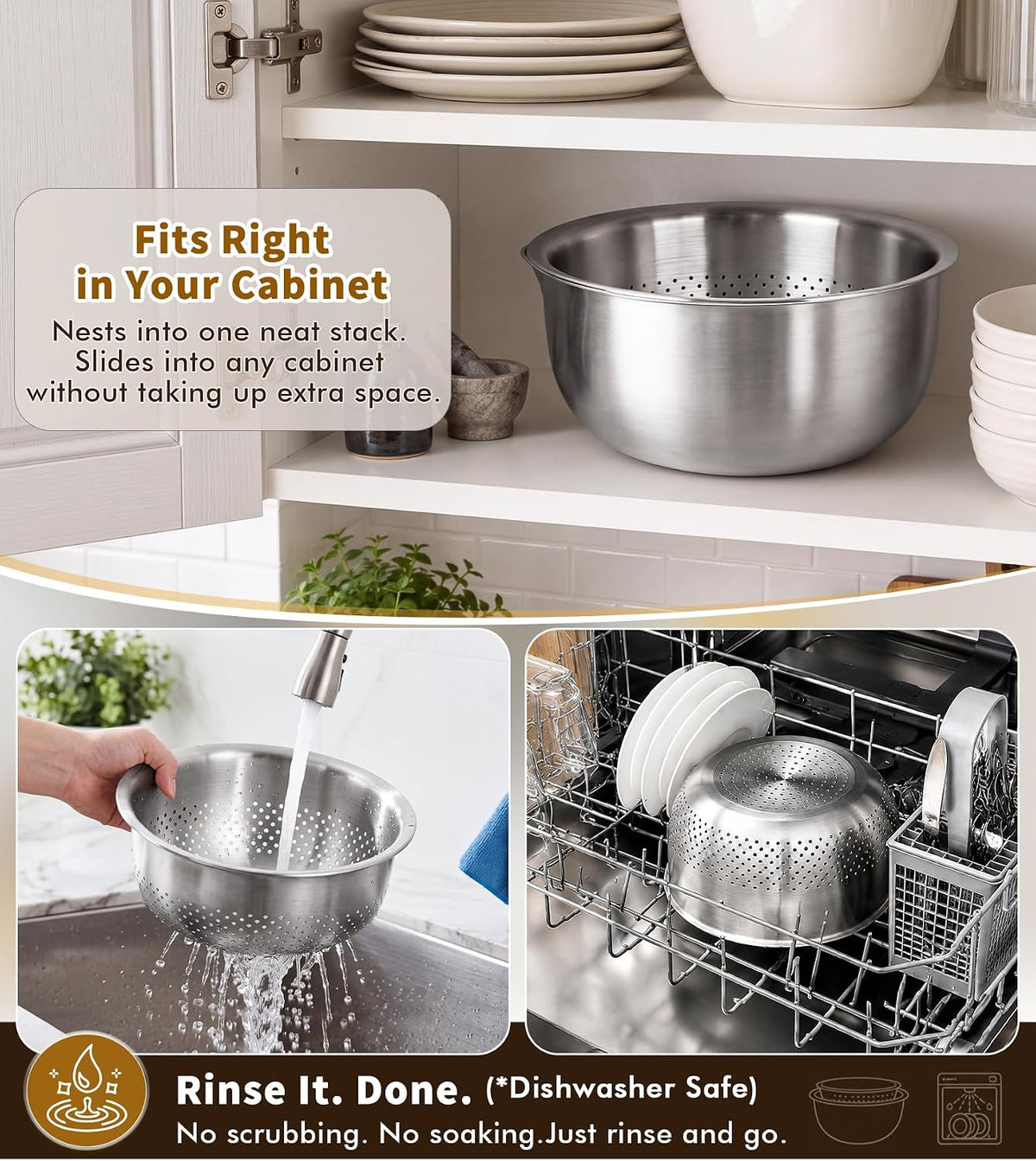 304 Stainless Steel Fine Mesh Colander Set, 1QT Large Capacity Strainer with Mixing Bowl, Rust Resistant Metal Strainer Bowl for Rinse Fruits, Veggies, Rice & Drain Pasta, Cooking, Dishwasher Safe