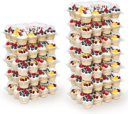 WIKDAY 12 Count x 12 Sets Plastic Cupcake Containers, Durable and BPA-Free Cupcake Holder with Lid for Easy Transport Storage, Stackable Clear Cupcake Carriers, Reusable Dessert Boxes