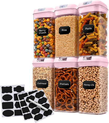 Set of 6 Airtight Food Storage Containers - Pantry Organizer Bins, BPA Free Plastic Containers plus Dry Erase Marker and Labels, Pink
