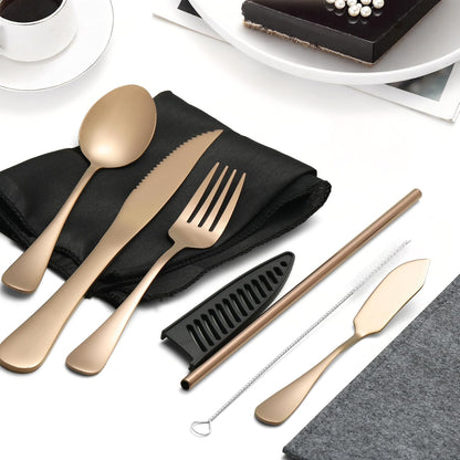 Camping Cutlery Set: Premium Portable Silverware Set with Case for Lunch Box, Travel, and Work Durable, Eco-Friendly, and Compact Utensils Including Fork, Spoon, and Knife for Adults on the Go