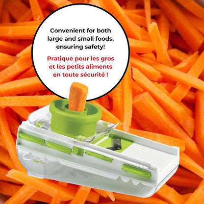 Starfrit Easy Mandoline Slicer, Dicer - 5-Blades - Straight & Crinkle Blades, Julienne, Grater & Shredder - Self-Feeding Pusher - Catch Base for Storage and Food Container