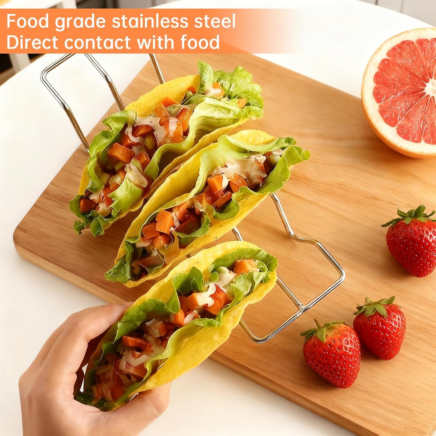 Taco Holders set of 4, Stainless Steel Taco Shell Holder Stand Rack, Holds 4 Tortillas Each, Taco Tray Plates for Taco Bar, Oven Safe for Baking, Dishwasher and Grill Safe, Taco Holders Rack