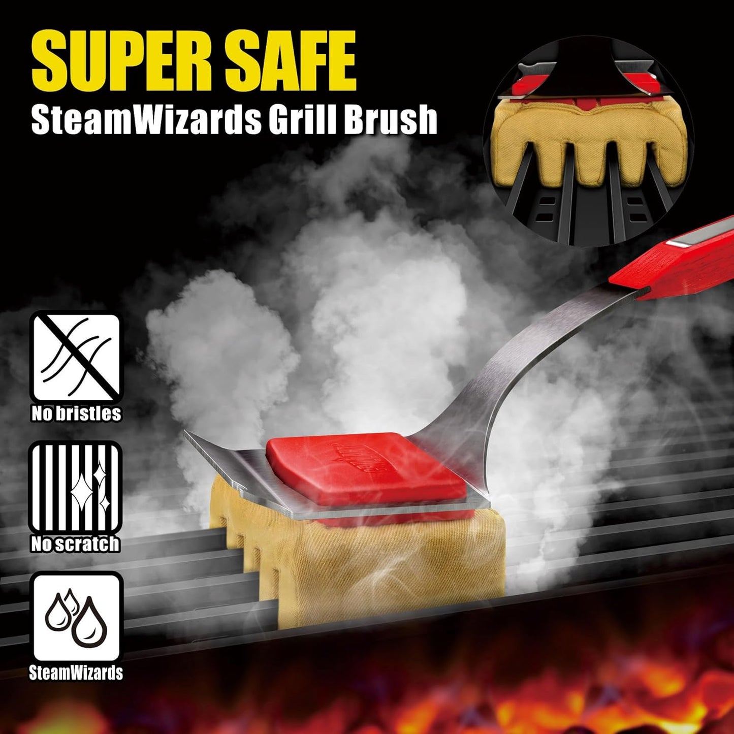 GRILLART Grill Brush Bristle Free. SteamWizards BBQ Replaceable Cleaning Head, Seamless-Fit Scraper Tools for Cast Iron/Stainless-Steel Grates Griddle, Safe Barbecue Grill Cleaner Brush-Dark Black