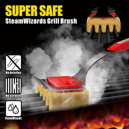 GRILLART Grill Brush Bristle Free. SteamWizards BBQ Replaceable Cleaning Head, Seamless-Fit Scraper Tools for Cast Iron/Stainless-Steel Grates Griddle, Safe Barbecue Grill Cleaner Brush-Dark Black