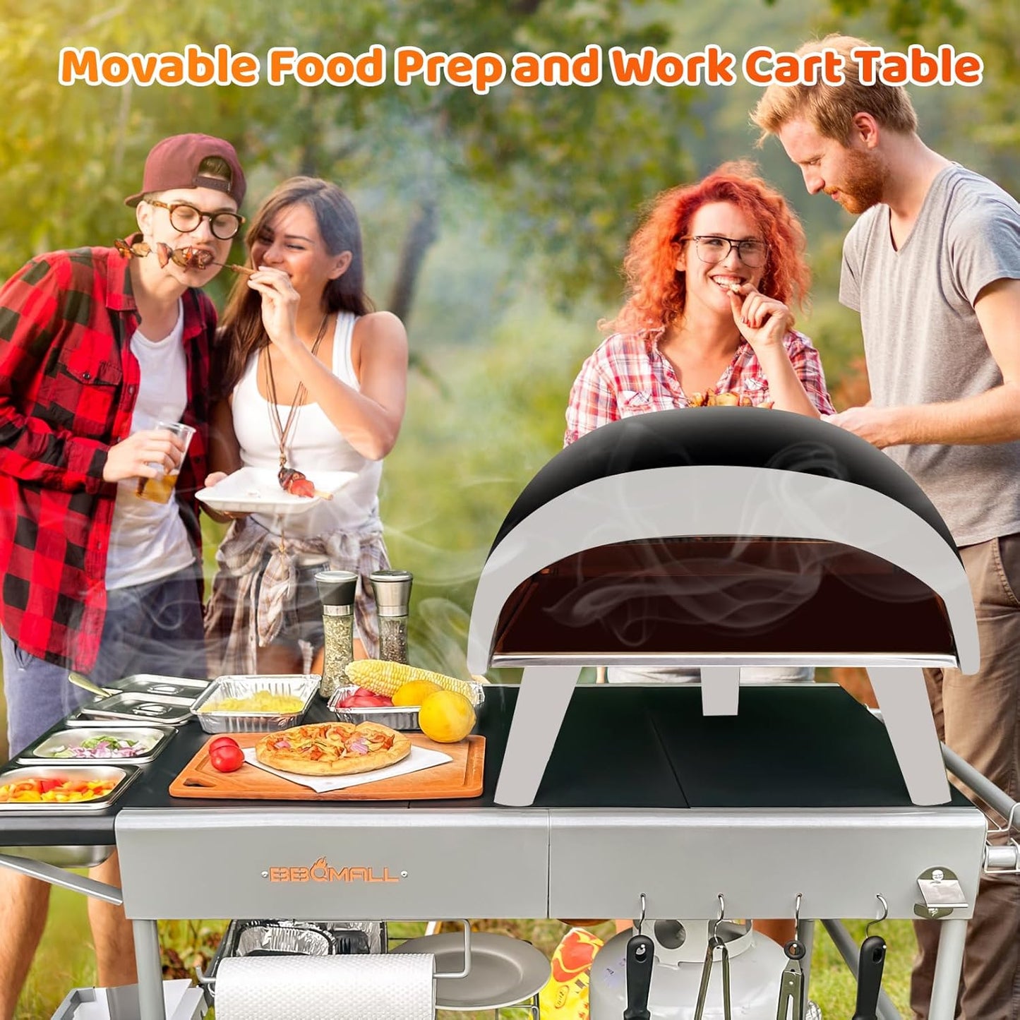 Upgraded Pizza Oven Cart Table for Ooni Koda/Karu/Fyra 16 & 12, Movable Thicken & Widen Rolling Kitchen Cart, Outdoor Grill Stand for Ninja Woodfire,Blackstone Griddle,Barbecue Tool Set