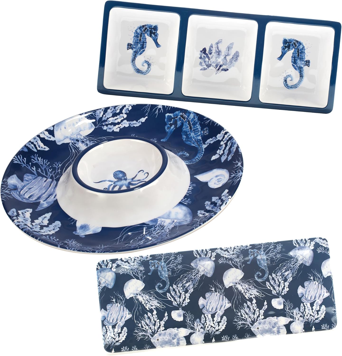 Sea Life Melamine 3-Piece Hostess Serving Set – Coastal Ocean-Themed Chip & Dip Bowl, 3-Section Relish Tray, and Rectangular Platter, Break-Resistant Nautical Tableware, Dishwasher Safe