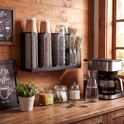 Maxcheck Metal Mesh Cup and Lid Holder Coffee Paper Cup Dispenser Lid Holder Storage Organizer Countertop or Wall Mount for Coffee Bar, Kitchen, Breakroom(4 Compartments,16.1 x 4.1 x 8 Inch)