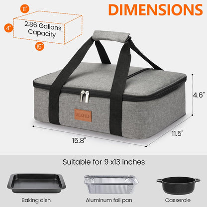 Lunch Bag Insulated Thermal Food Carrier Insulated Double Decker Casserole Carrier for Hot or Cold Food,Insulated Tote Bag for Potluck Cookouts Picnic,Lasagna Holder,Fits 9"x13" Baking Pan,Gray