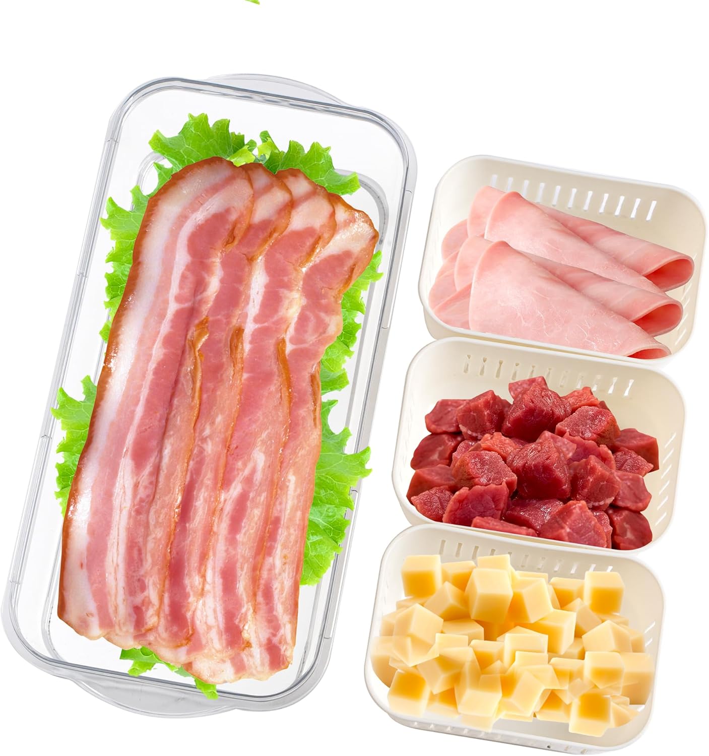 2Pack Poratble Bacon Storage Container for Fridge Divided Snackle Box Charcuterie Container 4 Compartment Serving Veggie Tray with Lid Portable Travel Fruit Caddy for Cheese,Candy,Nuts,Salad