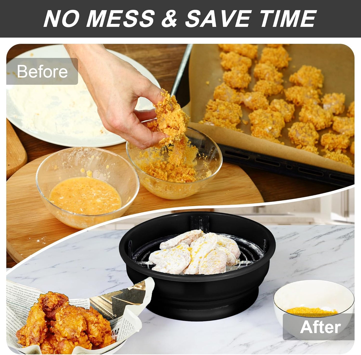 FJNATINH Collapsible Batter Bowl - Mess Free Better Breader Shaker Bowl with Lid Breading Shaker Container for Fried Fish, Fried Chicken, Onion Rings & More,No Leak,Easy to Store,Light Blue