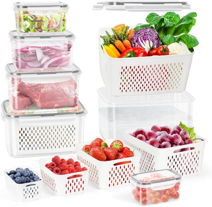 10 Pieces Fruit Storage Container for Fridge, 5 Pack Plastic Fruit Containers for Fridge with Removable Colander, Container for Fruit Berry Salad, BPA Free Kitchen Refrigerator Organizers