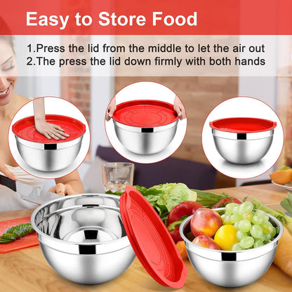 E-far Mixing Bowls With Lids Sets of 5, 10-Piece Stainless Steel Salad Metal Nesting Bowl for Baking Cooking and Prepping, Airtight Lid & Stackable Design, Size 4.6, 3, 2.1, 1.5, 0.7 QT, Black