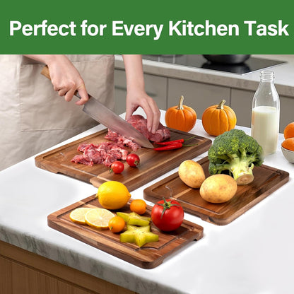 Wood Cutting Board Set of 4, Wooden Chopping Boards with Food Icons for Kitchen, Charcuterie Board for Meat, Vegetables, Fruits, Cheese