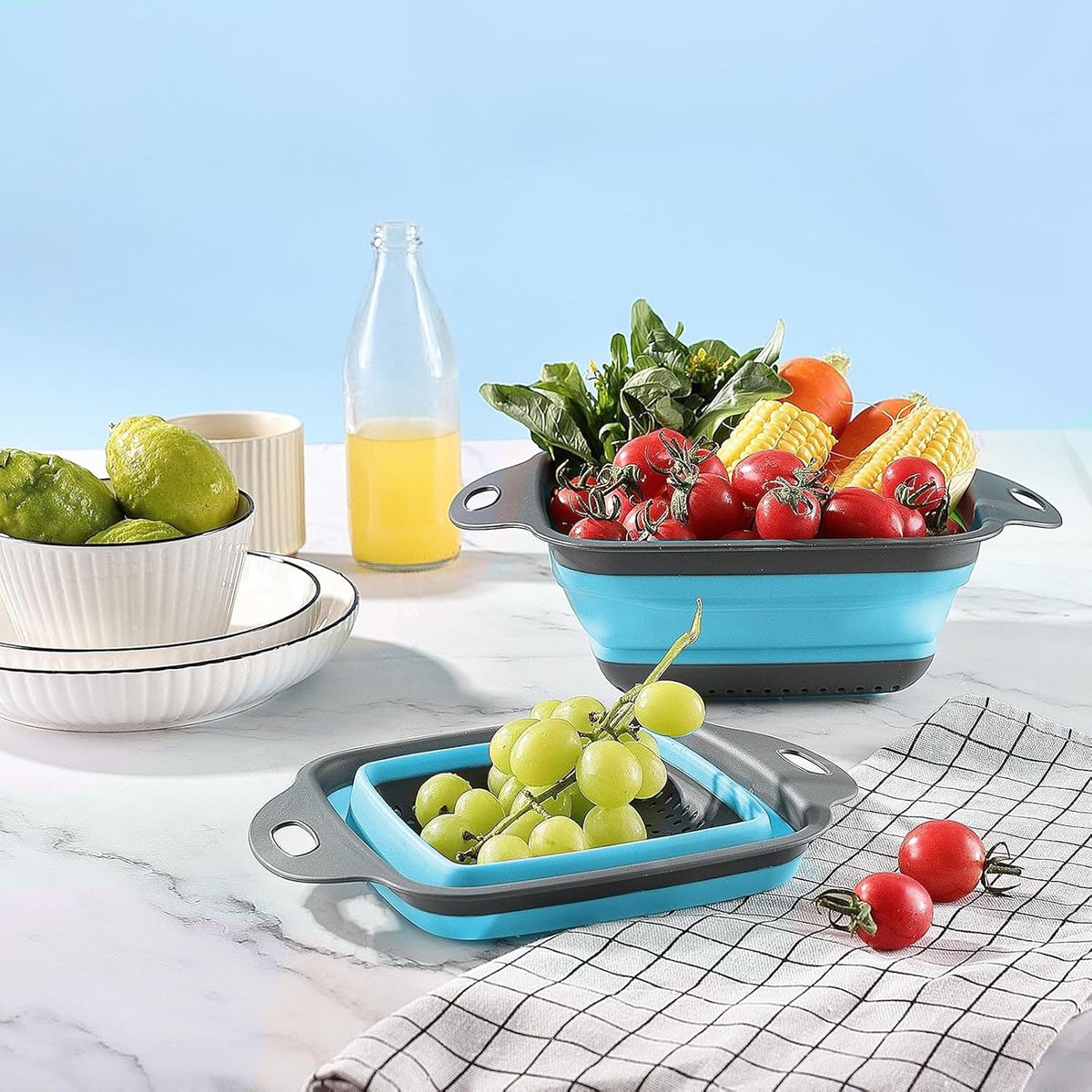 2 PCS Collapsible Colander, Collapsible Strainers for Kitchen, 11.5 inch Silicone Strainer and 9.5 inch Silicone Colander for Draining Vegetable fruit, Kitchen Food Strainer, Blue (Green)