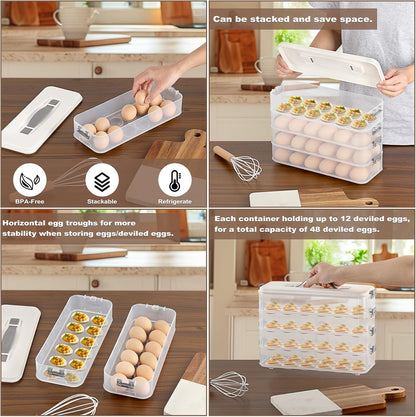 BSTKEY Deviled Egg Containers with Lid, 3 Layer Deviled Egg Platter Carrier Trays for 36 Eggs, Fridge Stackable Portable Egg Holder with Handle for Home Kitchen Party Easter Picnic