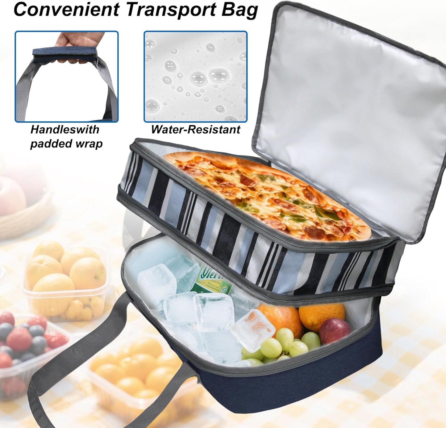 Double Decker Insulated Casserole Carrier, Expandable Thermal Food Warmer Bag Fits 9x13 Dish, Leak-Proof Potluck Lasagna Holder with Utensil Pocket for Picnic Party Cookout (Blue)