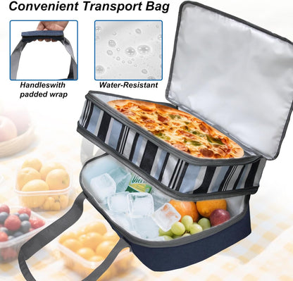 Double Decker Insulated Casserole Carrier, Expandable Thermal Food Warmer Bag Fits 9x13 Dish, Leak-Proof Potluck Lasagna Holder with Utensil Pocket for Picnic Party Cookout (Blue)