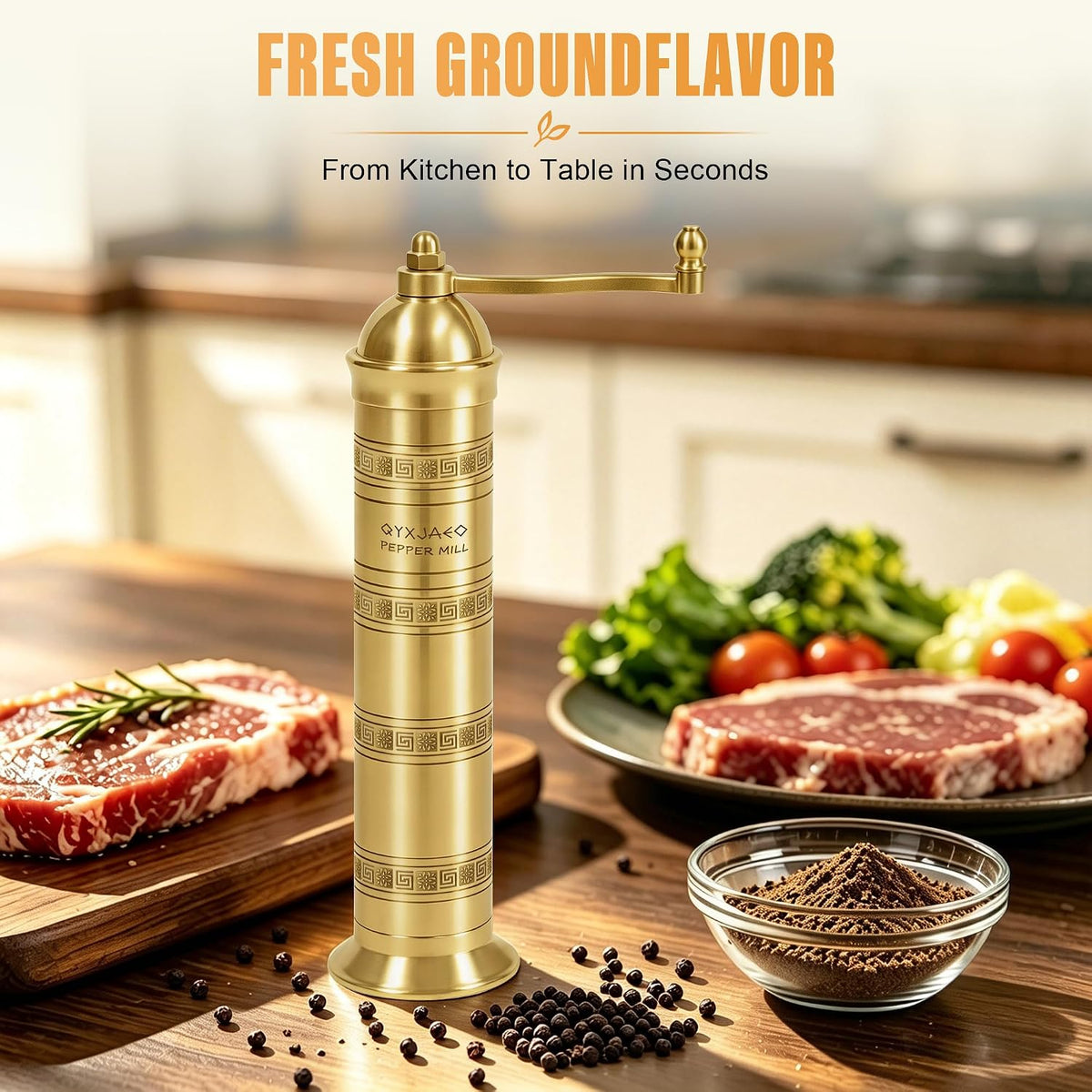 Brass Pepper Mill, 8 Inch Gold Manual Grinder with Crank Handle