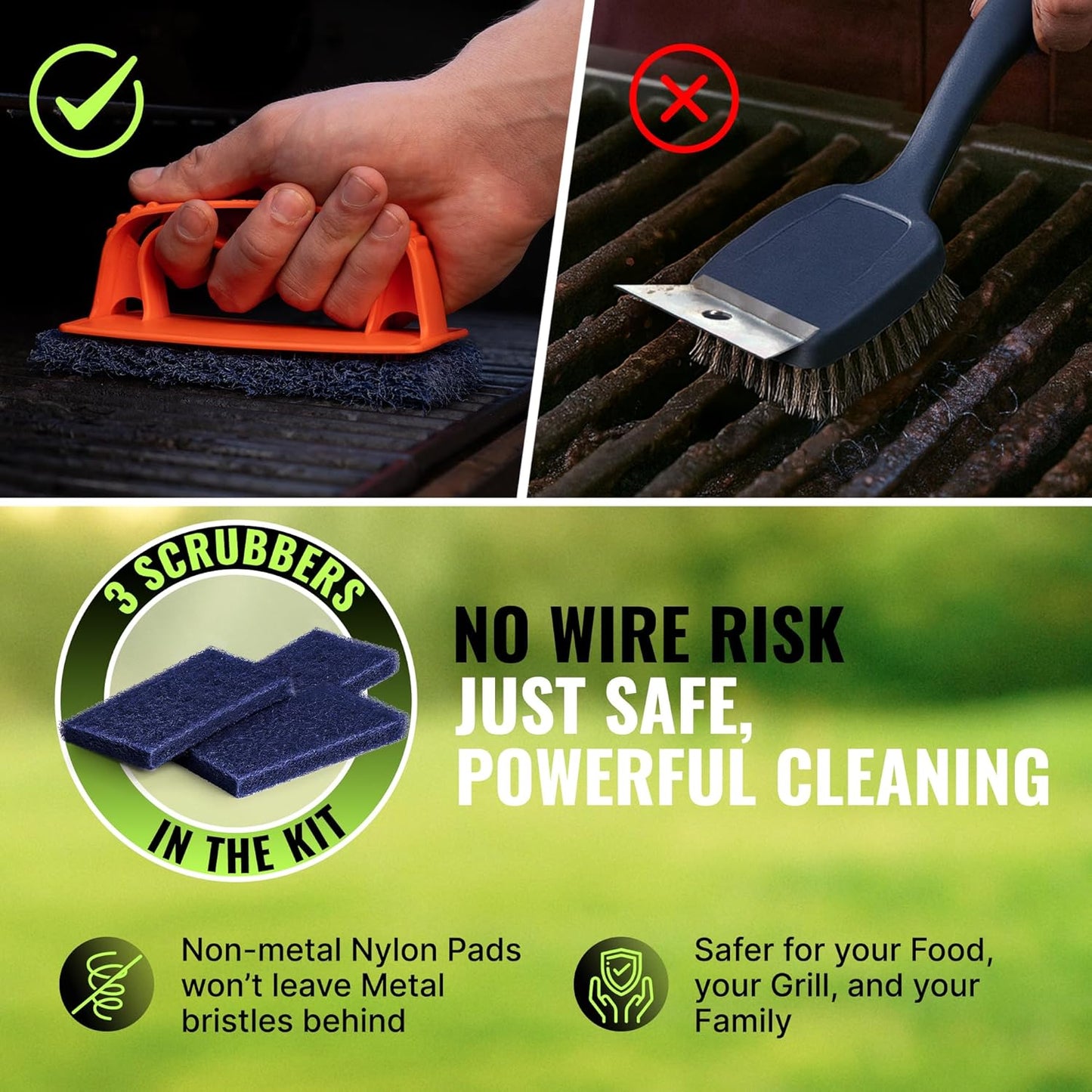 CitruSafe Grill Cleaning Kit - BBQ Grill Cleaner (16oz) and BBQ Grill Scrubber with 3 Heavy Duty Replaceable Scrubber Pads - Formulated to Safely Clean Burnt Food and Grease Off of Grill Surfaces