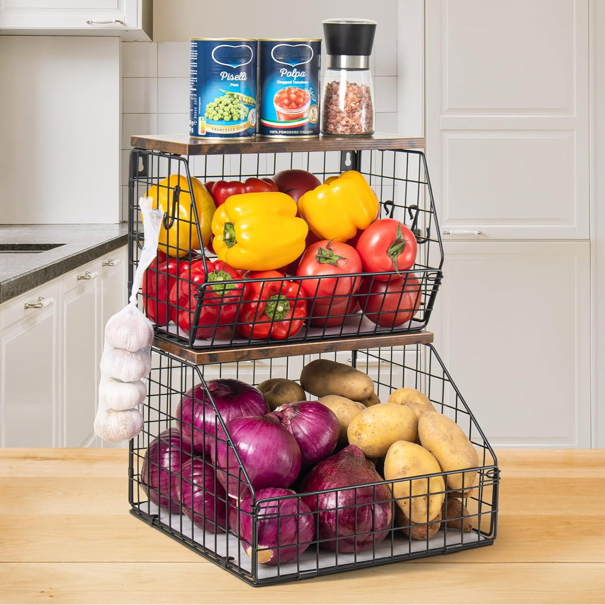 Mefirt Fruit Basket, 2-Tier Fruit Bowl for Kitchen Counter, Stackable Wall Mounted Fruit Storage, Snack Organizer, Potato and Onion Storage Basket, Hanging Pantry Storage with Wood Lid, 2 Set, White