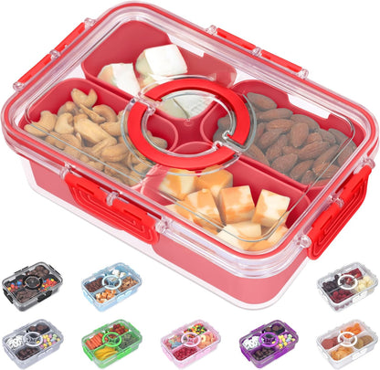 KEYVOZ Snackle Box Container with Lid- Travel Charcuterie Box with Handle - Organizer for Candy, Fruit, Nuts, Veggies, Snacks, Beach Essentials, Portable Lunch Box (Red, Small)