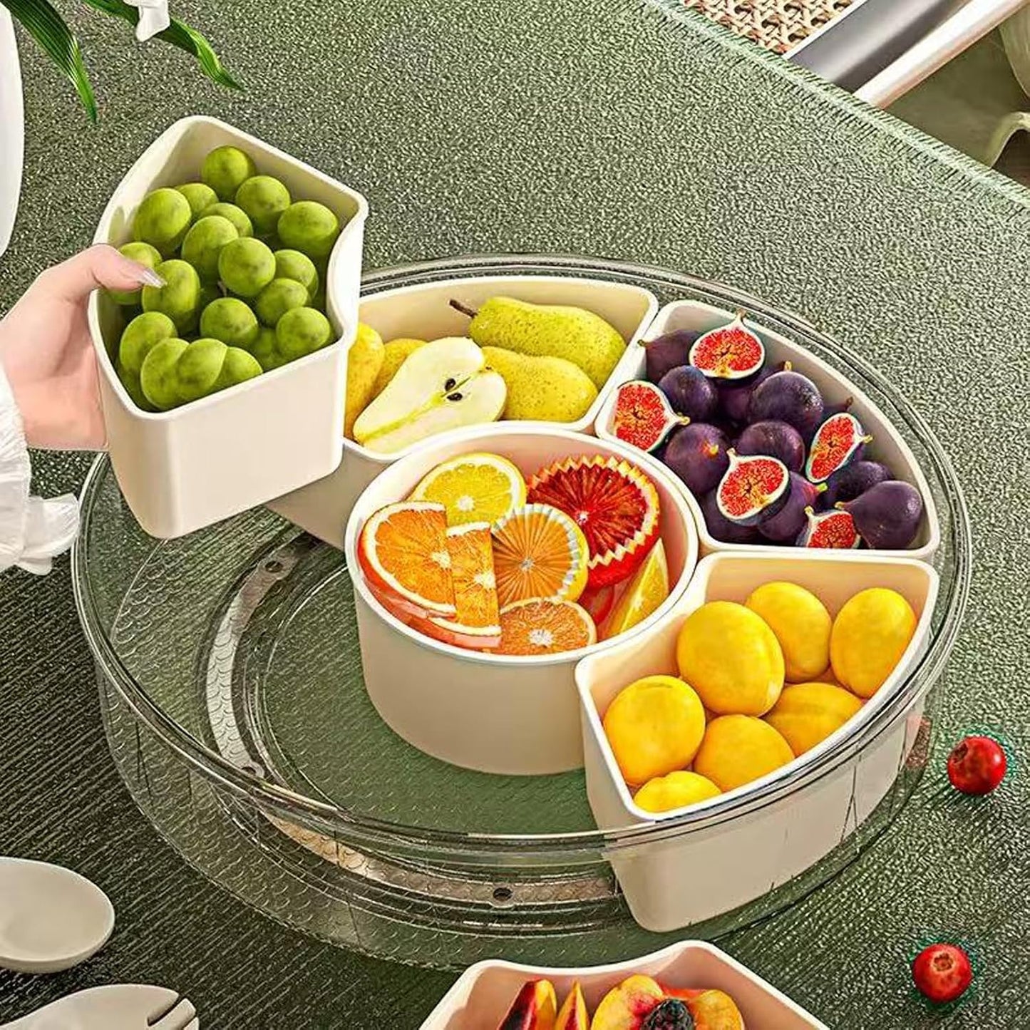 Divided Serving Tray with Lid and Handle,6 Compartments Portable Divided Snackle Box Container,Round Portable Snack Tray Veggie Tray with Lid,Clear Lazy Susan Snack Box for Fruit,Veggie,Candy,Nuts