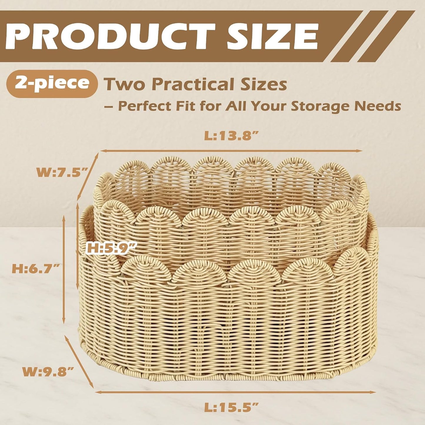Rattan Picnic Basket with Handle, Wicker Picnic Basket with Scalloped Edge, Garden Harvest Basket, Woven Baskets for Vegetable & Fruit, 2 Pack