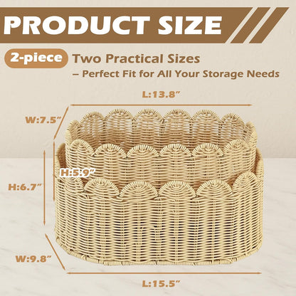Rattan Picnic Basket with Handle, Wicker Picnic Basket with Scalloped Edge, Garden Harvest Basket, Woven Baskets for Vegetable & Fruit, 2 Pack