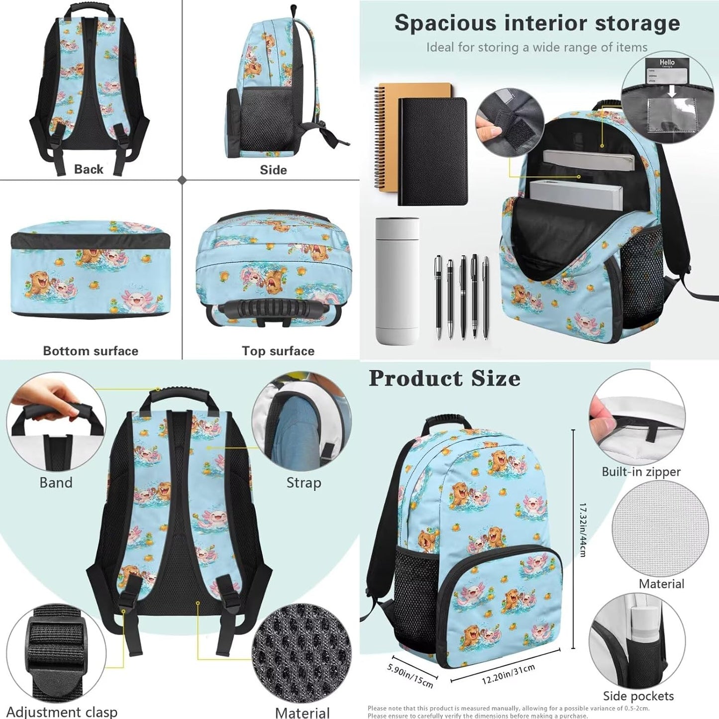 Cute Capybara Pizza Backpack for Girls, 5 Pcs Boys School Bag Set for Kids, 17 Inch Backpacks Lunch Pencil Box Reusable Utensils Case Set for Middle Elementary School, 3rd Grade Backpack