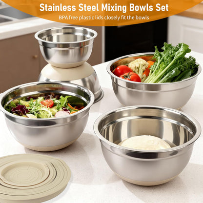 CHAREADA Mixing Bowls with Airtight Lids, 18pcs Stainless Steel Nesting Mixing Bowls Set Non-slip Silicone Bottom, Size 4.5, 3.6, 2.7, 2.1, 1.7, 1.1, 0.7 qt, Fit for Mixing & Serving(Colorful)