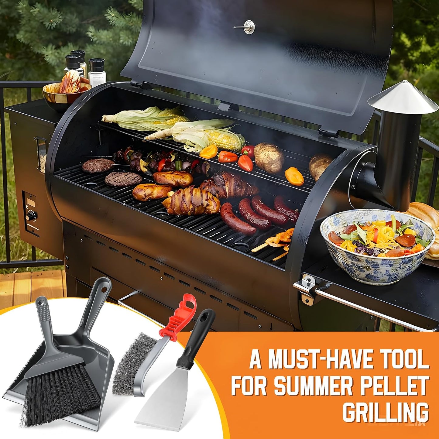 3 Piece Pellet Grill Ash Cleaning Kit, Includes Large Dust Pan, Soft Bristle Brush and Metal Scraper for Easy Removal of Ash, Debris and Grime
