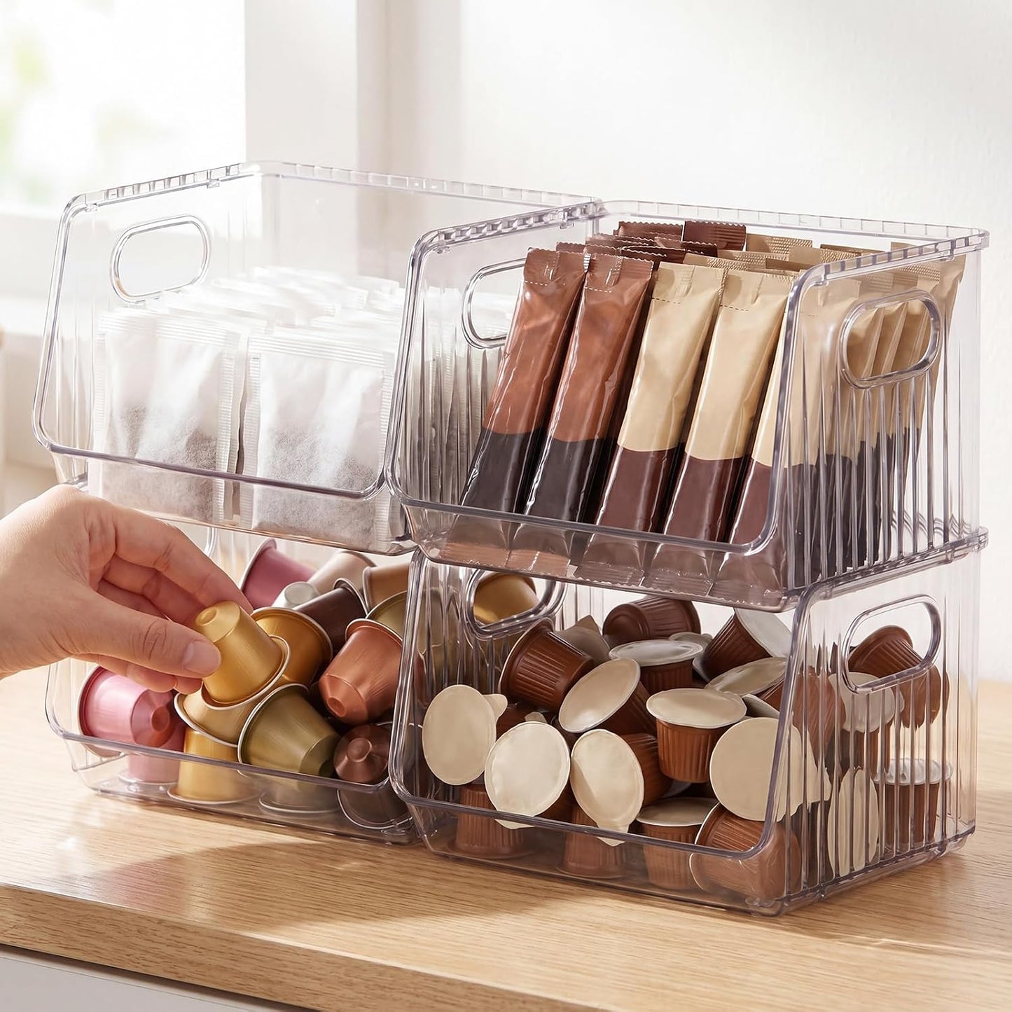 Novabright 4 Pcs Clear Plastic Storage Bins Stackable Pantry Storage Organizer Kitchen Cabinet Organizers Ideal Containers for Coffee Pod Tea Sugar Bag Office Fridge Caddy