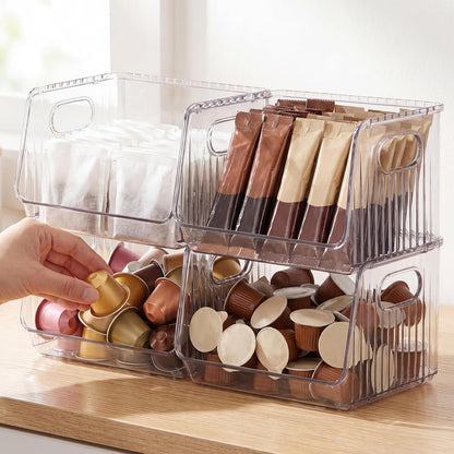 Novabright 4 Pcs Clear Plastic Storage Bins Stackable Pantry Storage Organizer Kitchen Cabinet Organizers Ideal Containers for Coffee Pod Tea Sugar Bag Office Fridge Caddy