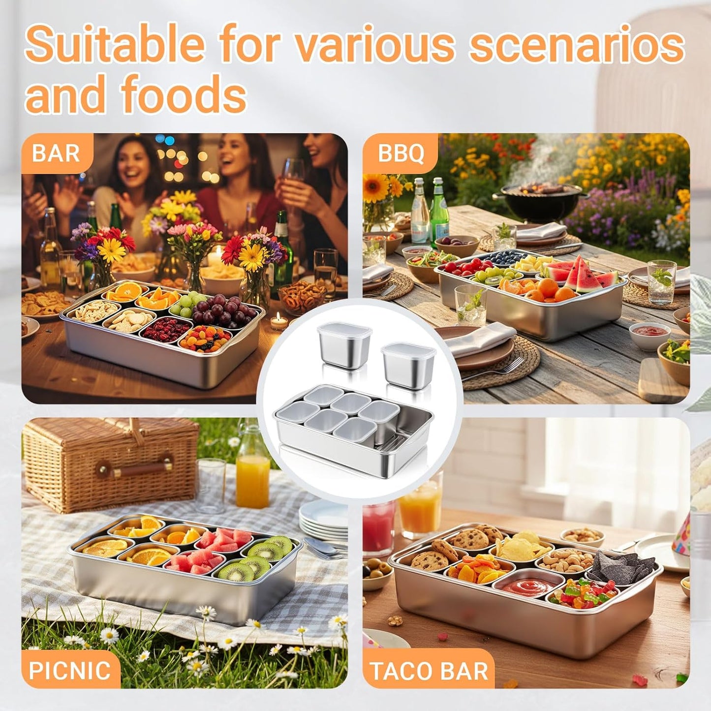 SiliFine Stainless Steel Snackle Box Container, 8 Compartment Divided Serving Tray with Lid and Handle, Portable Snack Platters Storage Organizer for Fruit Candy Nuts Veggie Travel Party Picnic